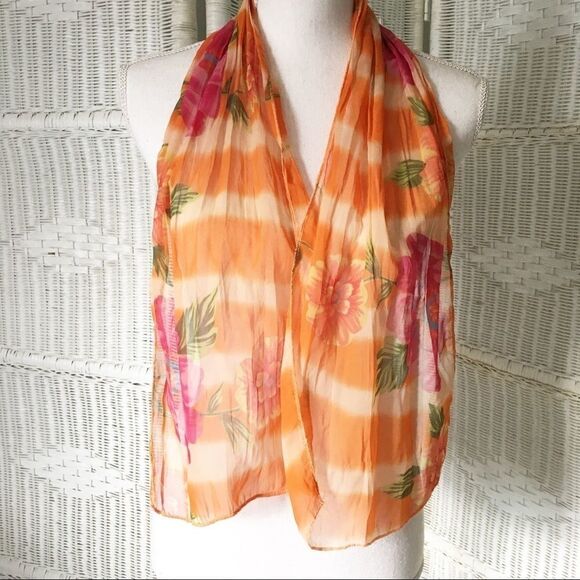 Orange Pink Floral Oblong Silky Scarf - Picture 2 of 3